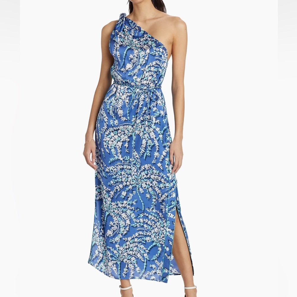Poupette St Barth Belted One-Shoulder Midi-Dress in Royal Palmery